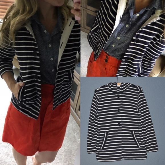 J. Crew Jackets & Blazers - J.CREW Navy Striped 3/4 Sleeve Hooded Jacket [C4]